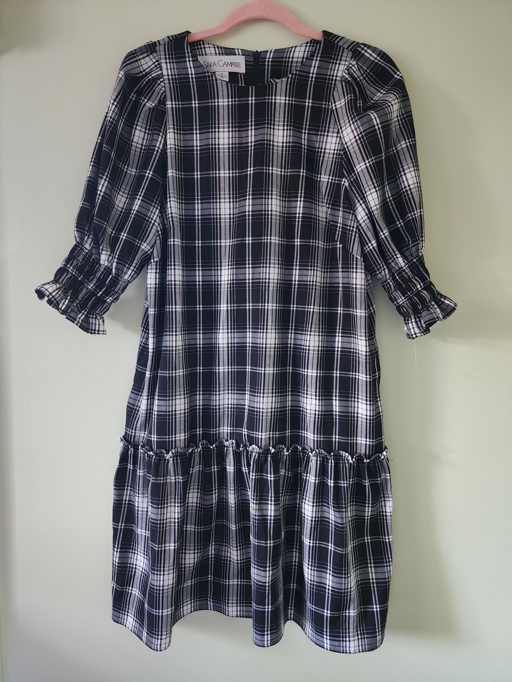Sara Campbell Checked Puff-Sleeve Midi Dress in Black and White